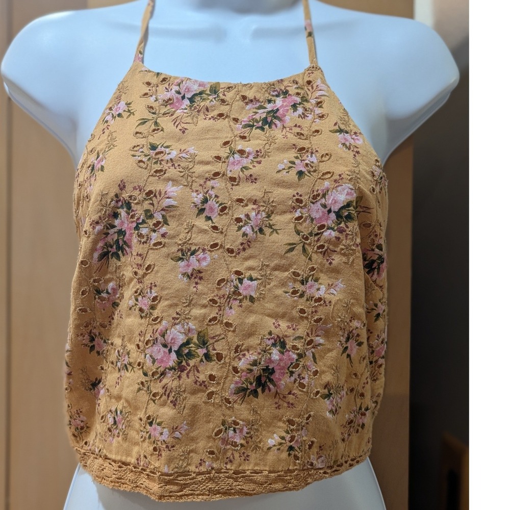 American Eagle Floral Eyelet Open Back Halter Top Yellow Cotton Linen Small